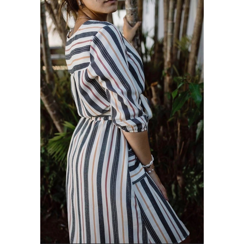 Monteau Los Angeles Striped Wrap Dress Navy Orange Cream V-Neck Pockets Large - Picture 2 of 16